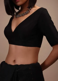 Black Half Sleeves Blouse In Curved V-Neckline Tie-Up Tassel Dori With Back Hook Closure