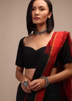 Black Half Sleeves Blouse Ina Sweetheart Neckline Straight Hemline With Back Zip Closure
