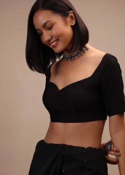 Black Half Sleeves Blouse Ina Sweetheart Neckline Straight Hemline With Back Zip Closure