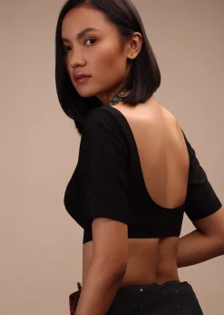 Black Half Sleeves Blouse Ina Sweetheart Neckline Straight Hemline With Back Zip Closure