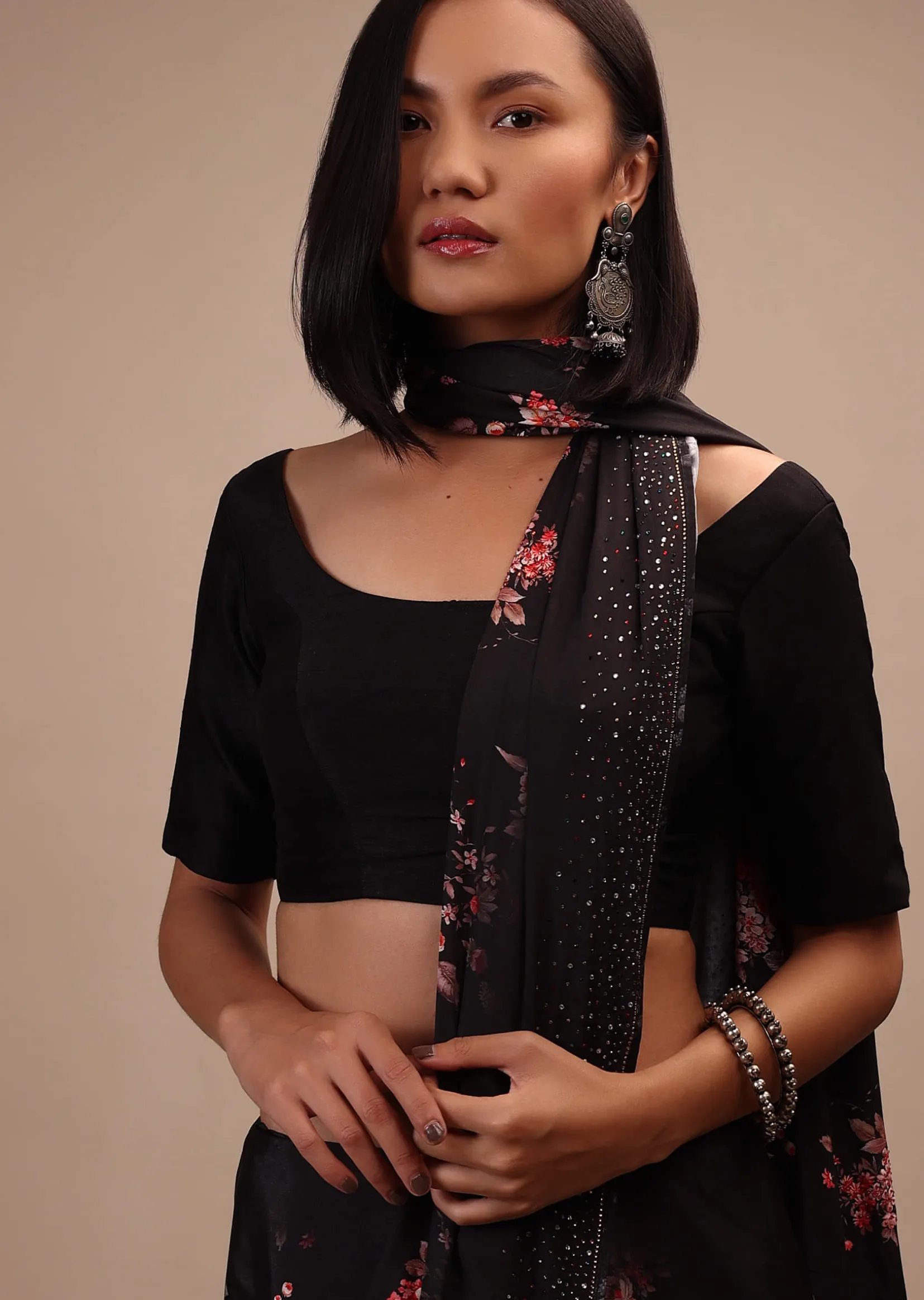 Black Half-Sleeveless Blouse In Scallop Neckline Raw Silk With Back Hook Closure.Padded With A Straight Hemline