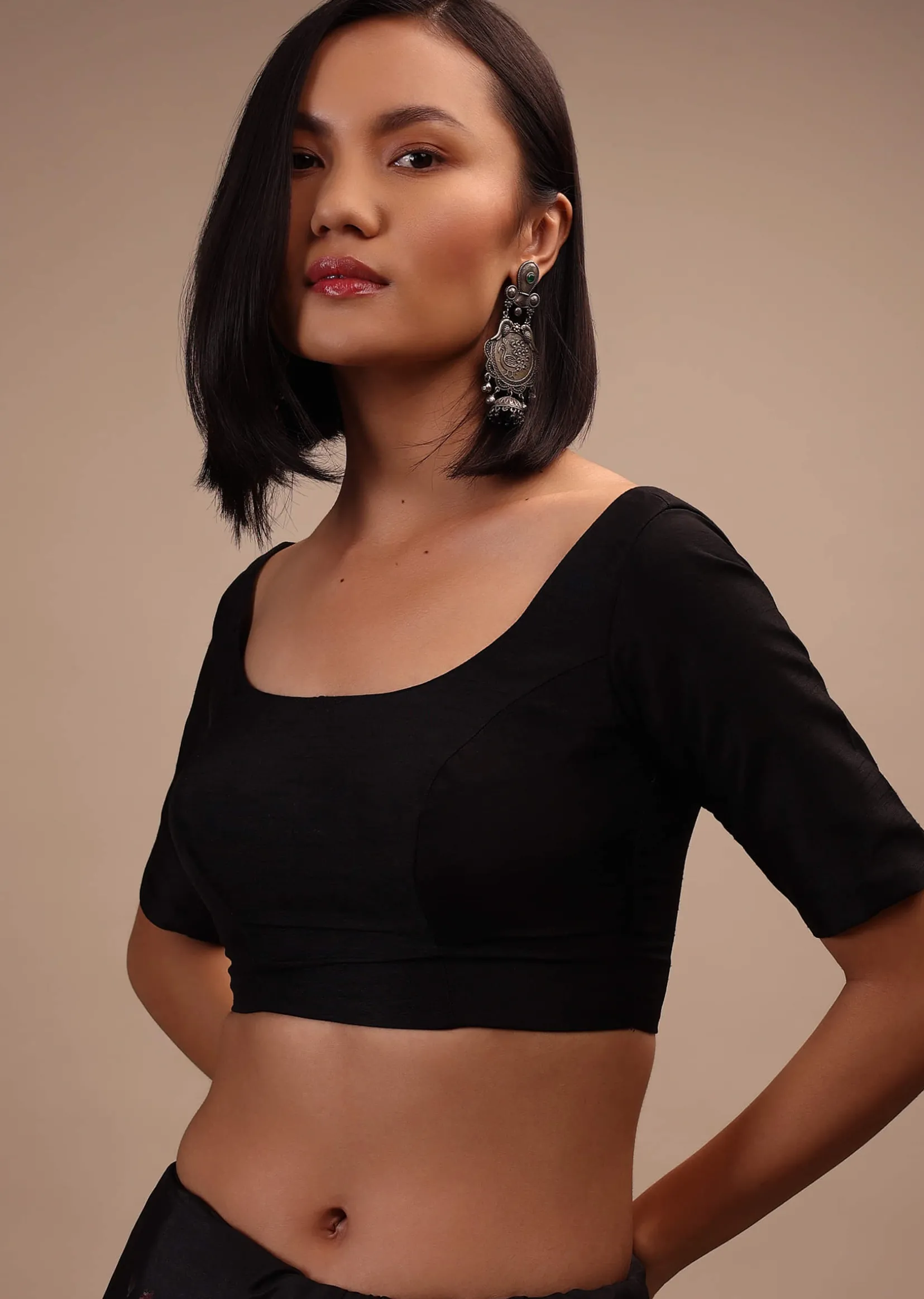 Black Half-Sleeveless Blouse In Scallop Neckline Raw Silk With Back Hook Closure.Padded With A Straight Hemline