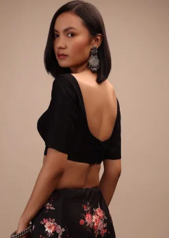 Black Half-Sleeveless Blouse In Scallop Neckline Raw Silk With Back Hook Closure.Padded With A Straight Hemline