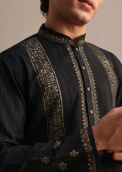 Black Hand Block Printed Kurta Set With Foil Work