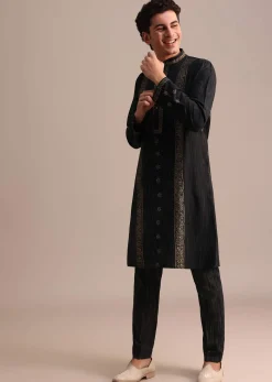 Black Hand Block Printed Kurta Set With Foil Work