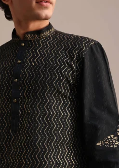 Black Hand Block Printed Foil Work Kurta Set