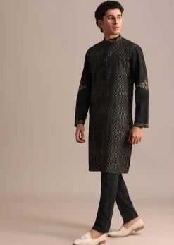 Black Hand Block Printed Foil Work Kurta Set