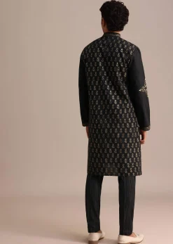 Black Hand Block Printed Foil Work Kurta Set