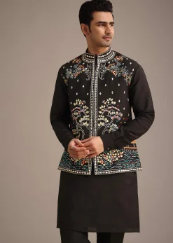 Black Hand Embellished Mirror Work Jacket And Kurta Set In Silk