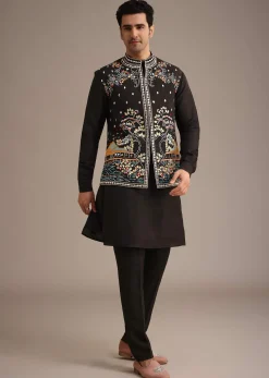 Black Hand Embellished Mirror Work Jacket And Kurta Set In Silk