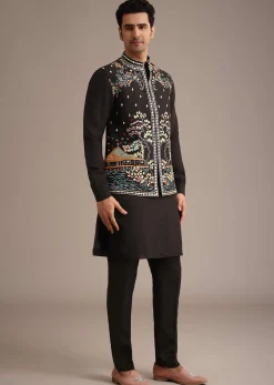 Black Hand Embellished Mirror Work Jacket And Kurta Set In Silk