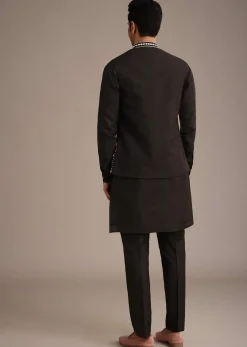 Black Hand Embellished Mirror Work Jacket And Kurta Set In Silk
