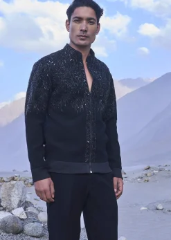 Black Hand Embroidered Full Sleeve Bomber Jacket And Pants