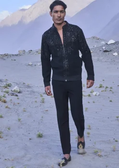 Black Hand Embroidered Full Sleeve Bomber Jacket And Pants