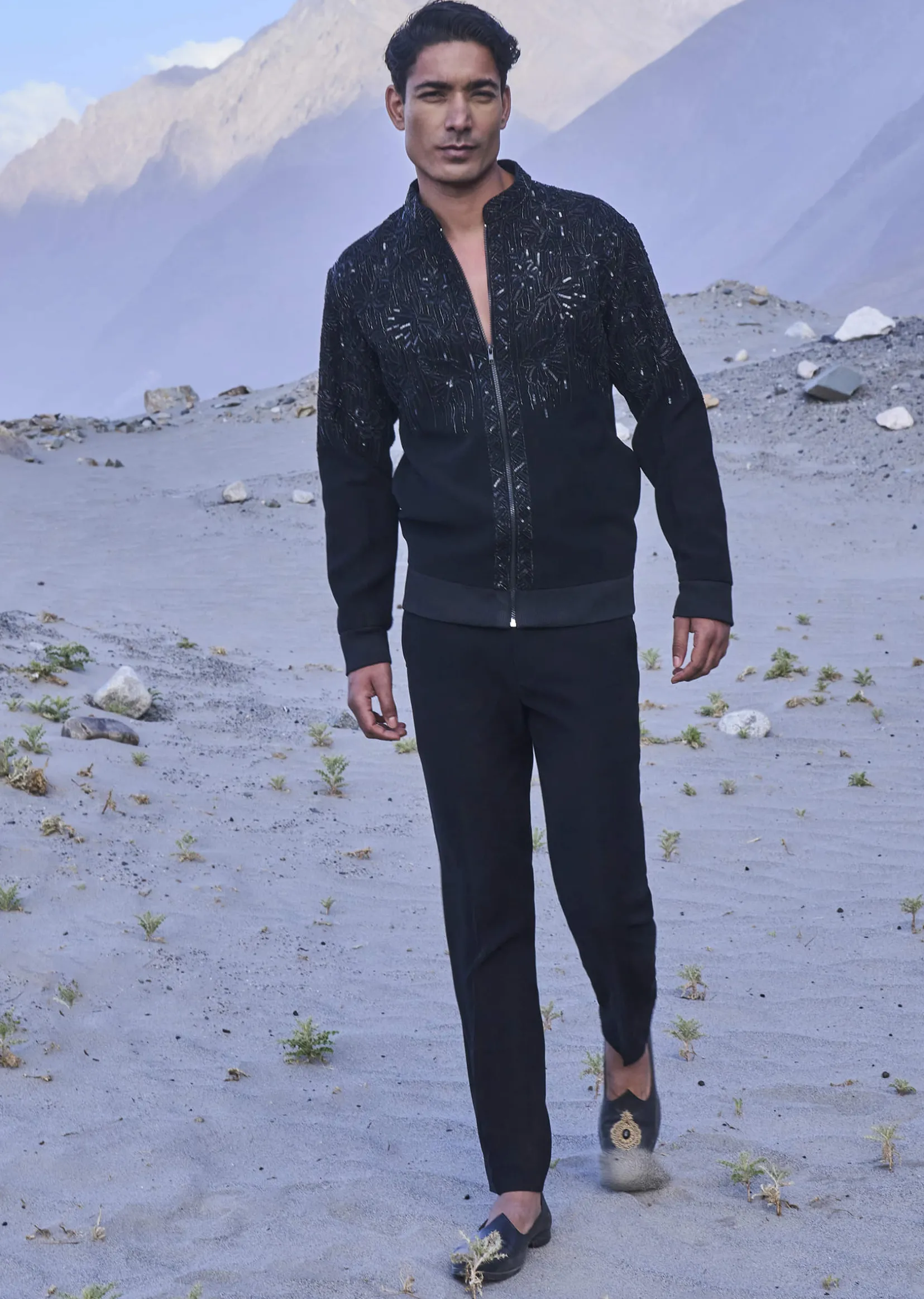 Black Hand Embroidered Full Sleeve Bomber Jacket And Pants