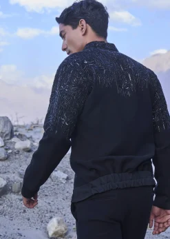 Black Hand Embroidered Full Sleeve Bomber Jacket And Pants