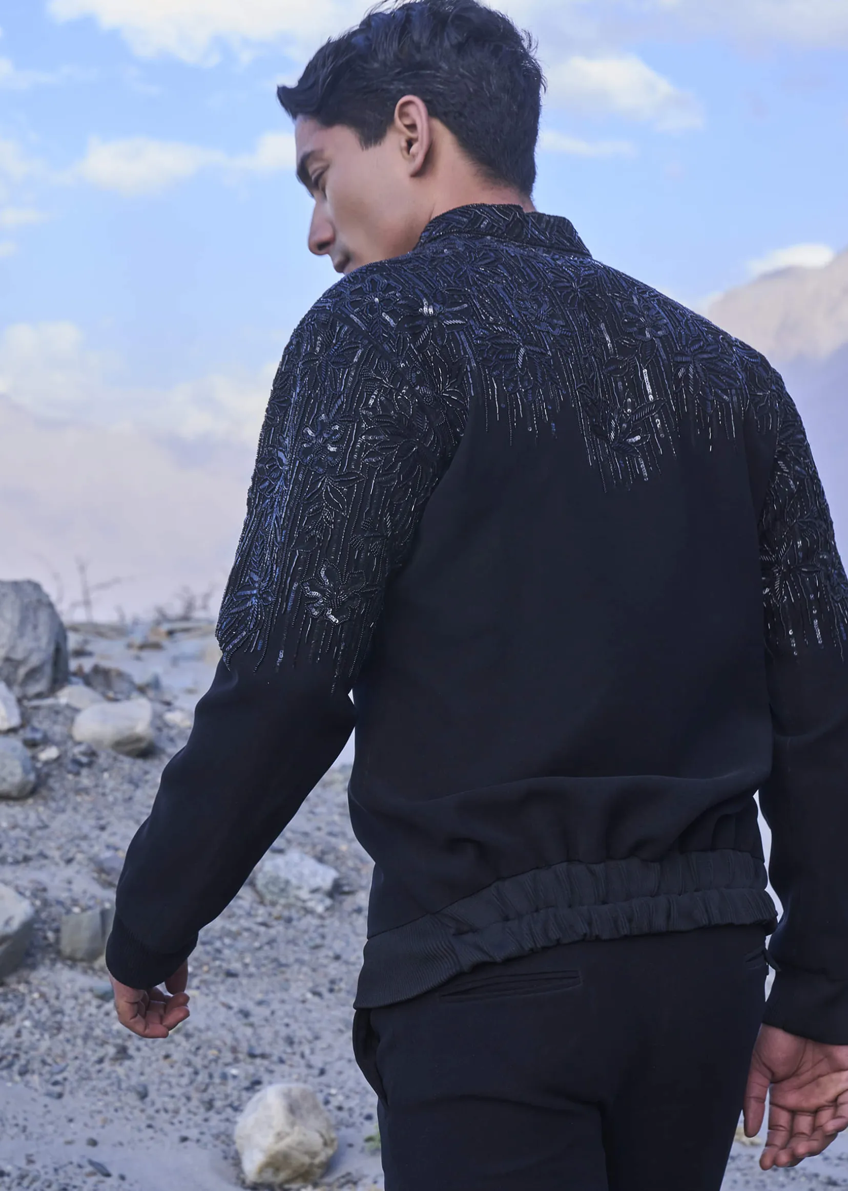 Black Hand Embroidered Full Sleeve Bomber Jacket And Pants