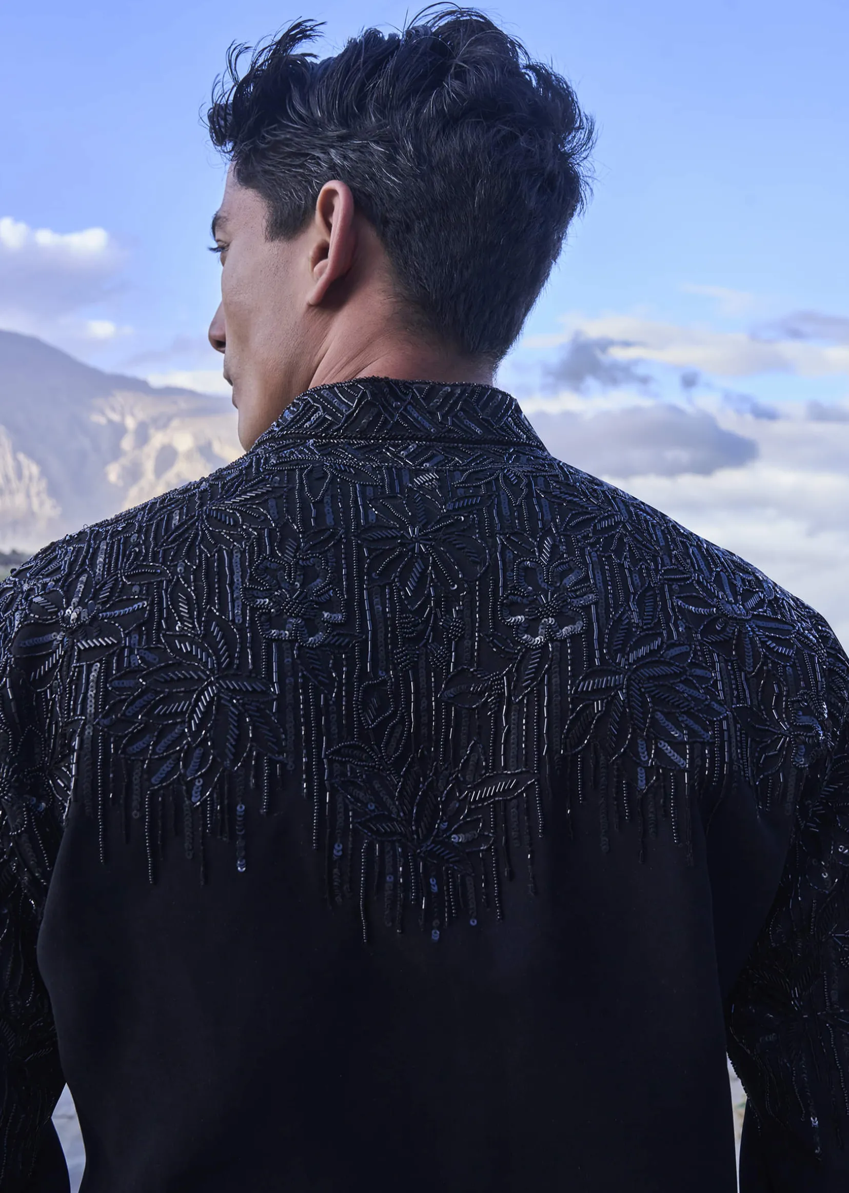 Black Hand Embroidered Full Sleeve Bomber Jacket And Pants