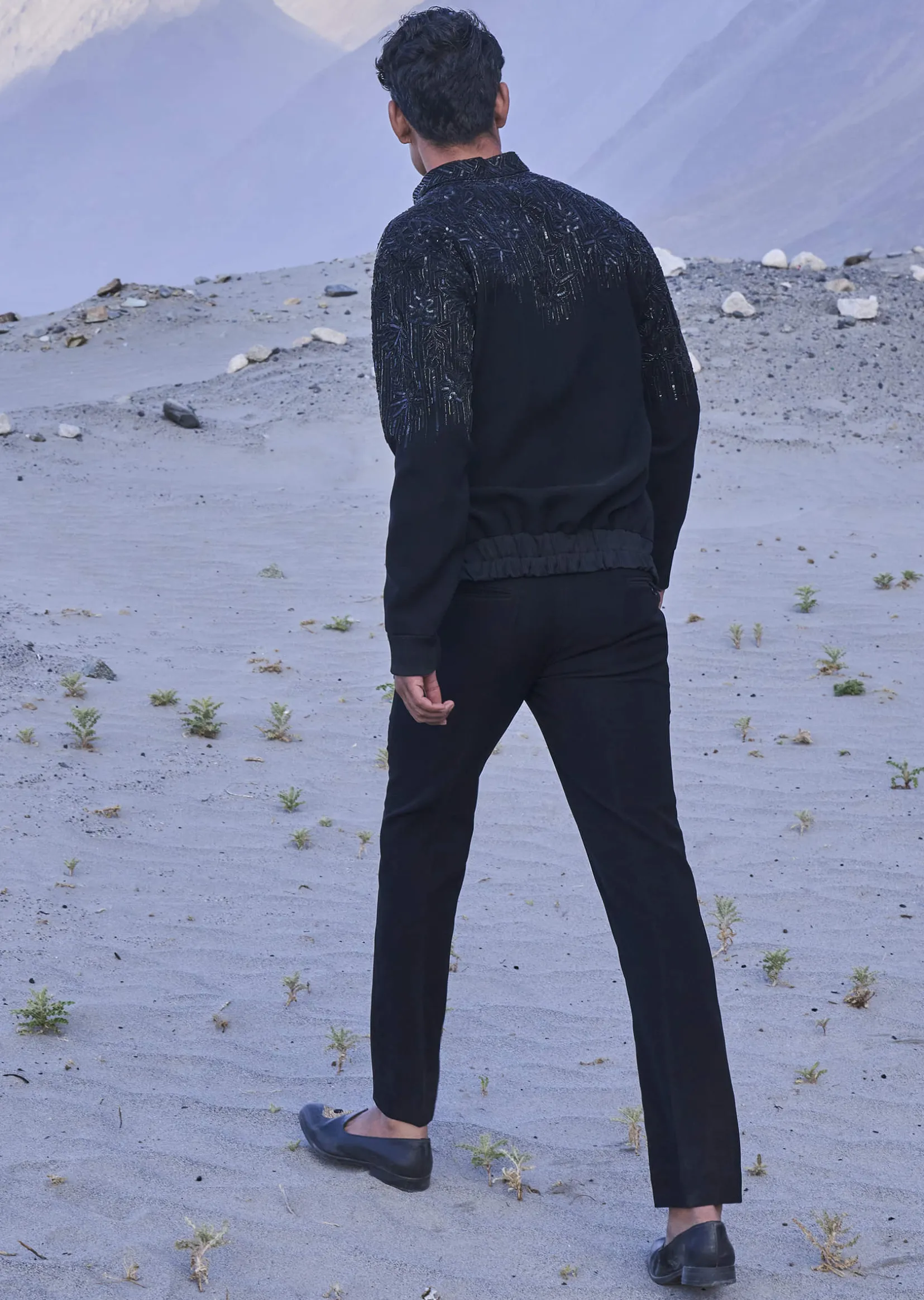 Black Hand Embroidered Full Sleeve Bomber Jacket And Pants