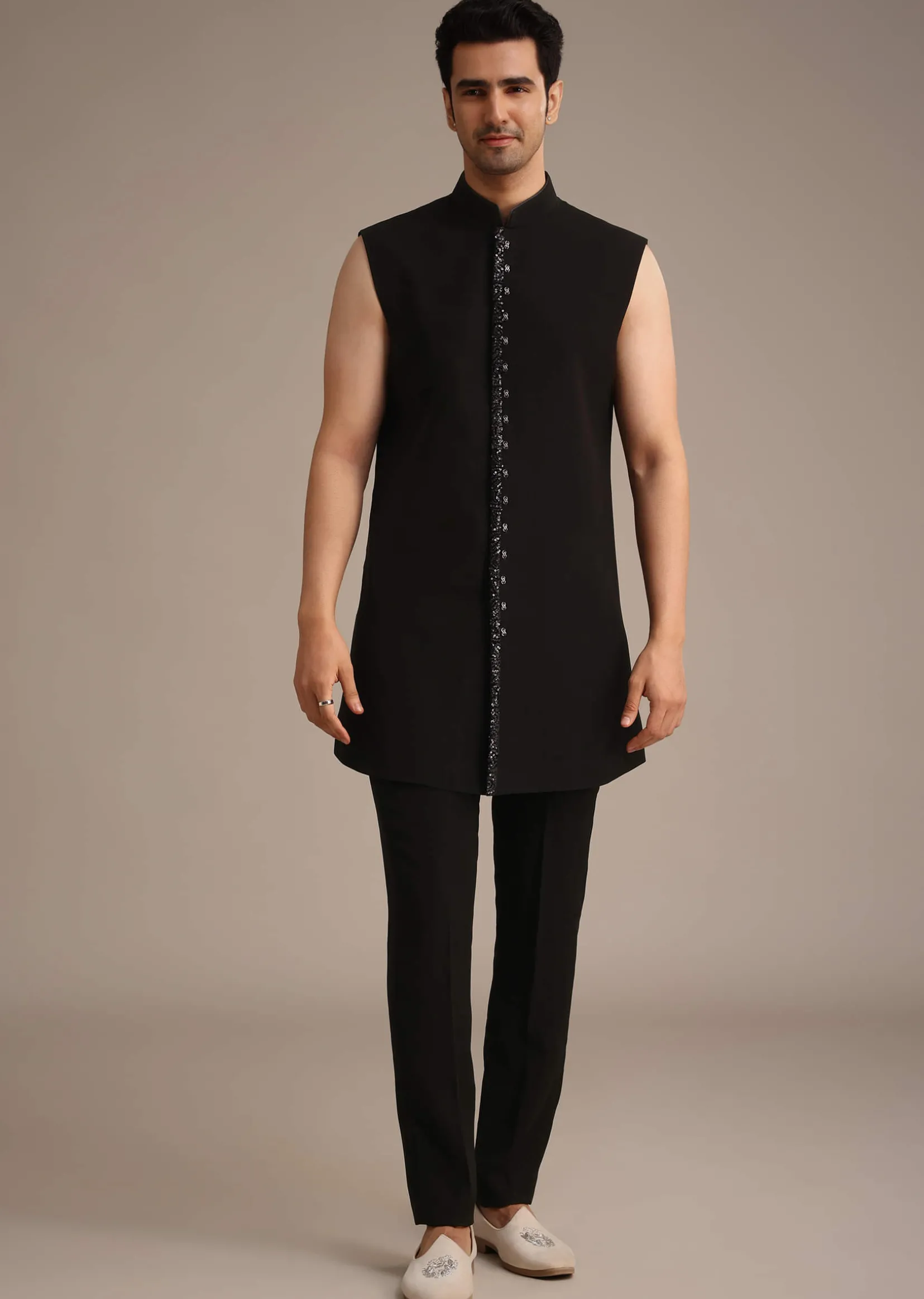 Black Hand Embroidered Indowestern And Kurta Set