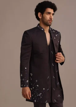 Black Hand Embroidered Indo Western Set in Silk Blend