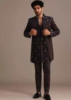 Black Hand Embroidered Indo Western Set in Silk Blend