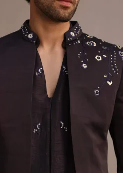 Black Hand Embroidered Indo Western Set in Silk Blend