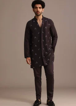 Black Hand Embroidered Indo Western Set in Silk Blend