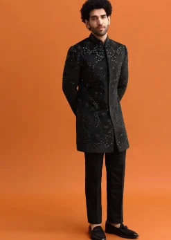 Black Hand Embroidered Velvet Indowestern Set For Men