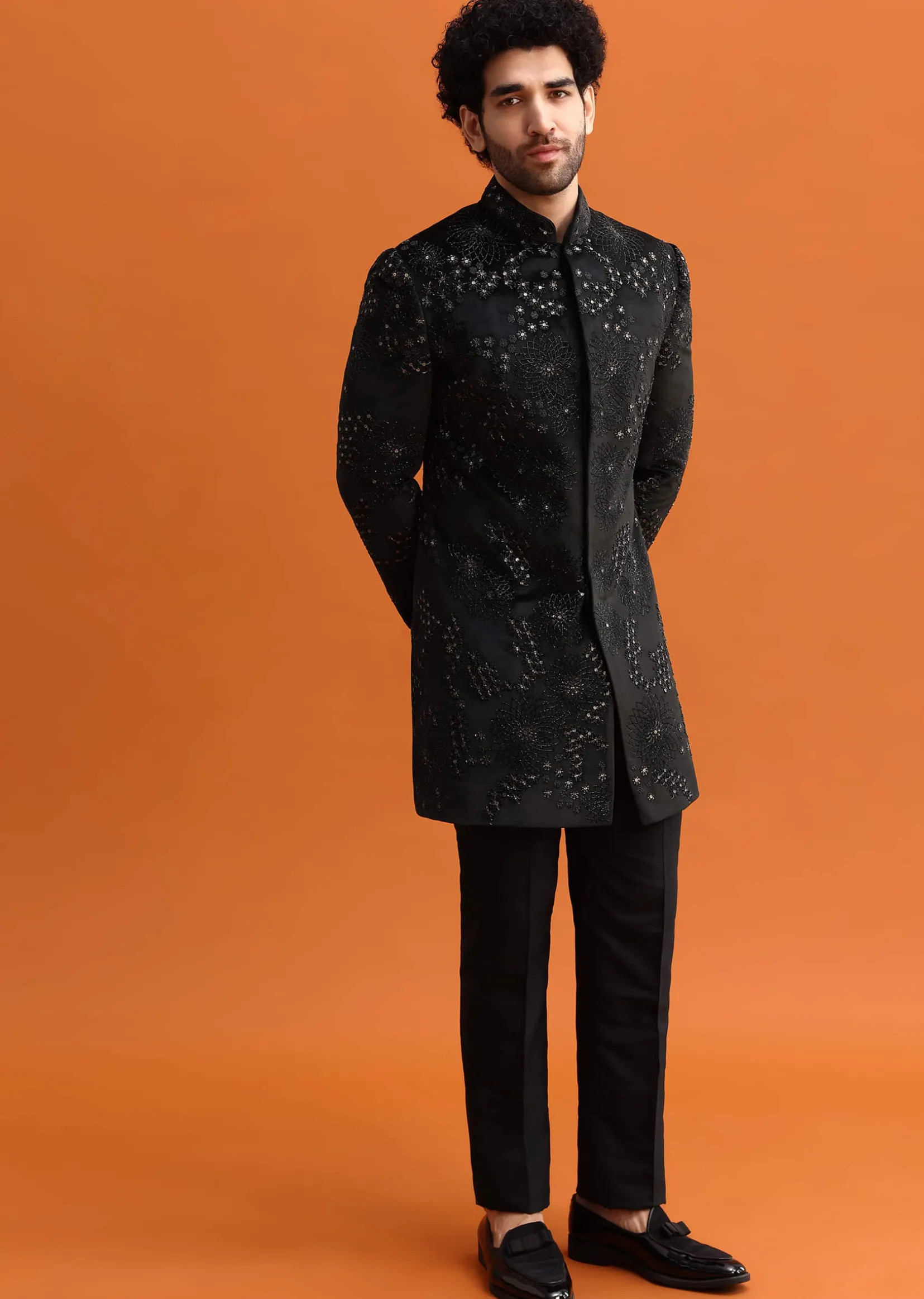 Black Hand Embroidered Velvet Indowestern Set For Men