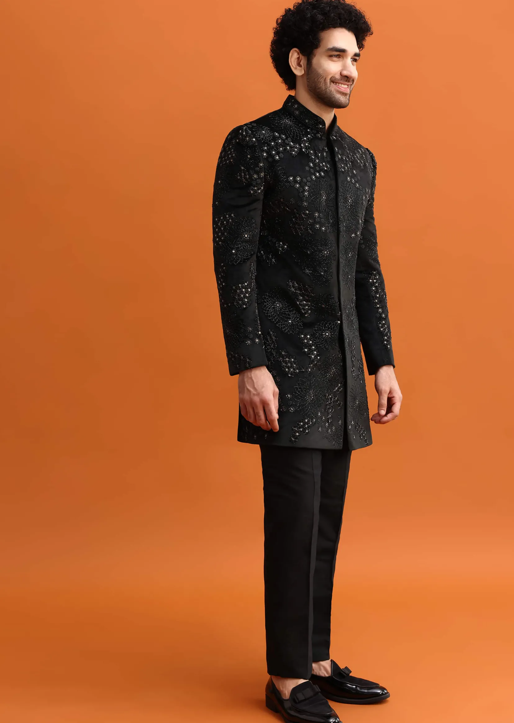 Black Hand Embroidered Velvet Indowestern Set For Men