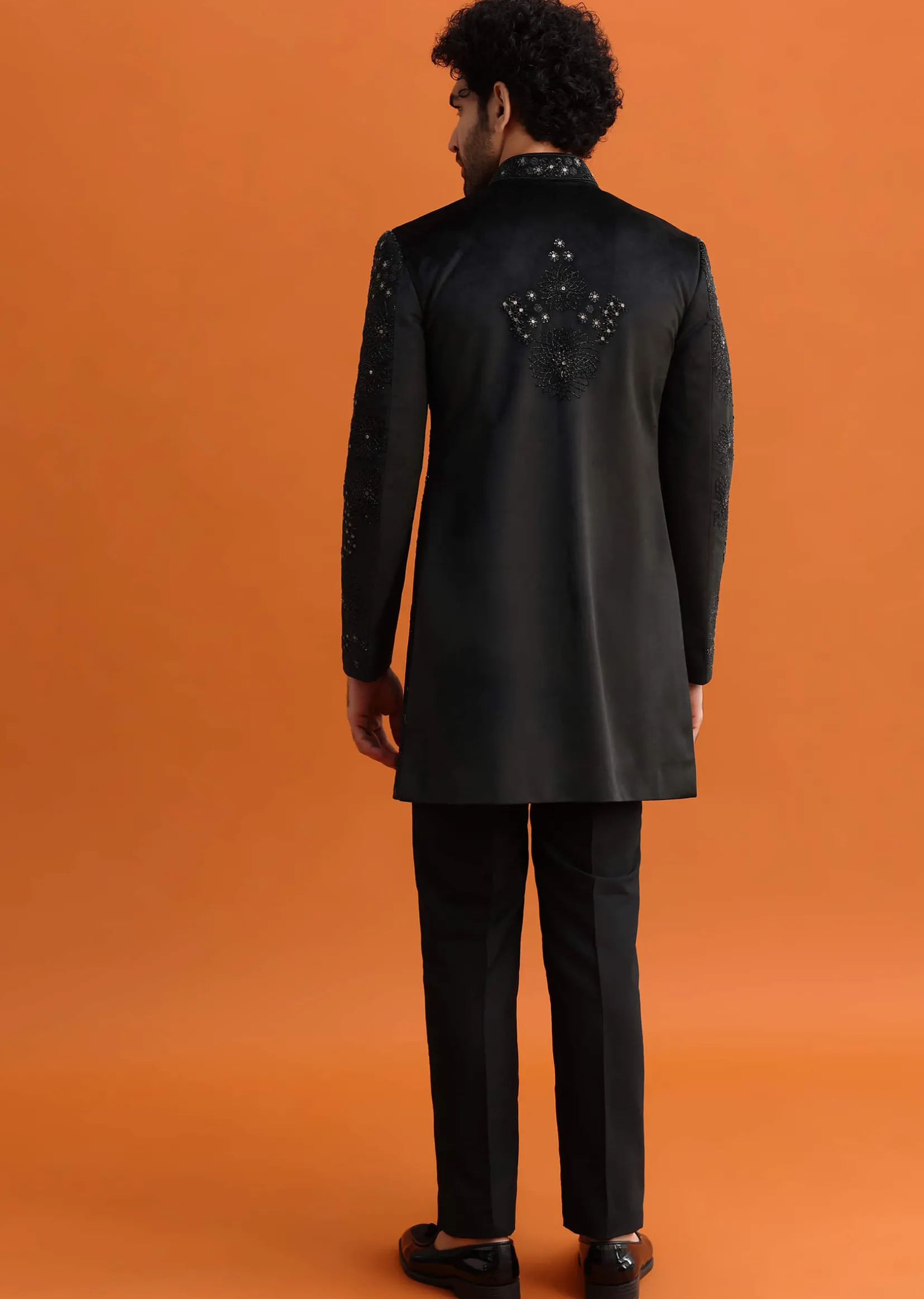 Black Hand Embroidered Velvet Indowestern Set For Men