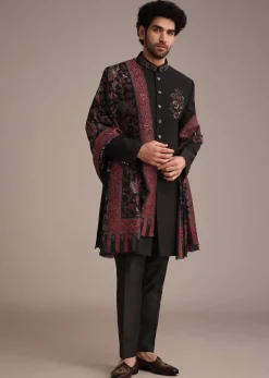 Black Hand Work Sherwani Suit With Dupatta