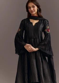 Black High Low Kurta Dupatta Set With Applique Work