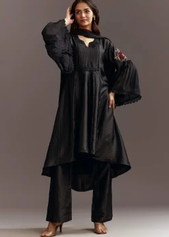 Black High Low Kurta Dupatta Set With Applique Work
