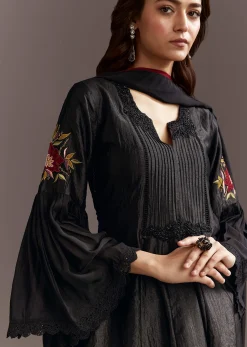 Black High Low Kurta Dupatta Set With Applique Work