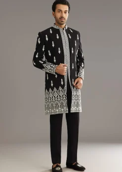 Black Indo Western Set With Embroidery On Japanese Fabric