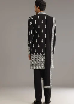 Black Indo Western Set With Embroidery On Japanese Fabric