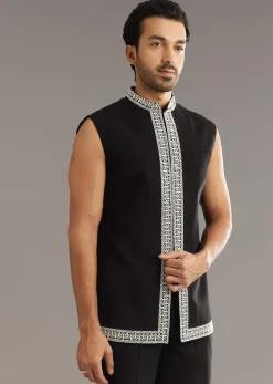 Black Indo Western Set With Embroidery On Japanese Fabric