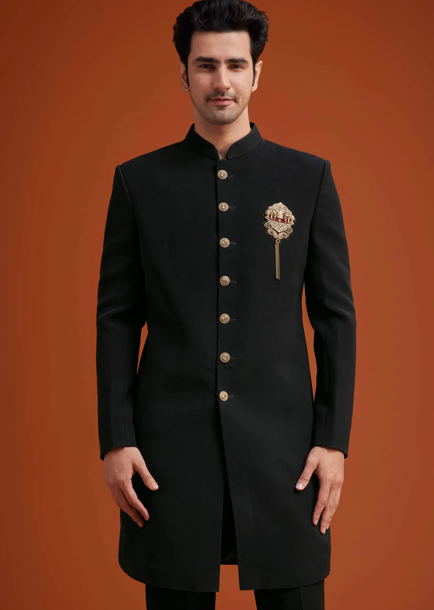 Black Indo Western With Brass Brooch Detailing