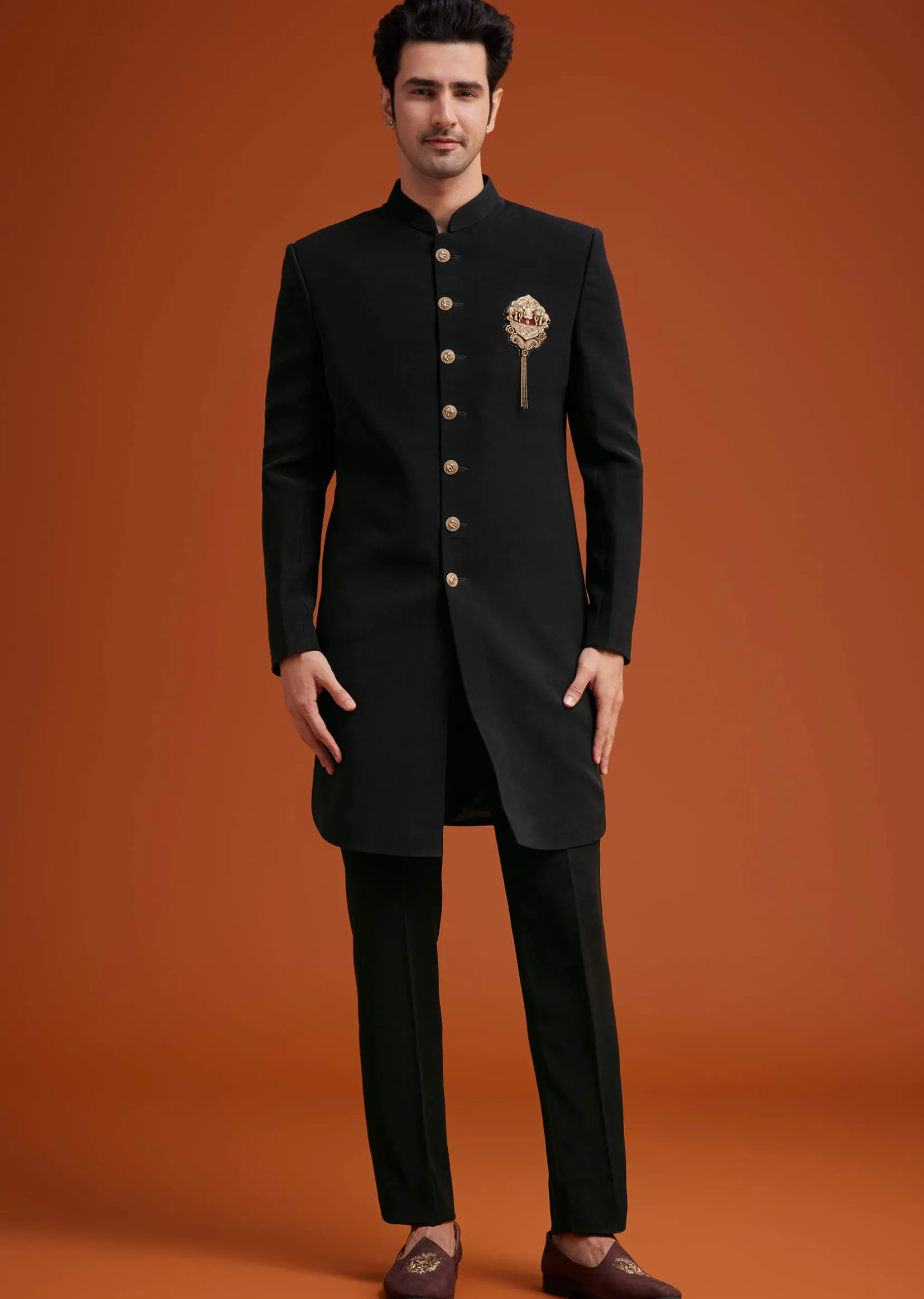 Black Indo Western With Brass Brooch Detailing