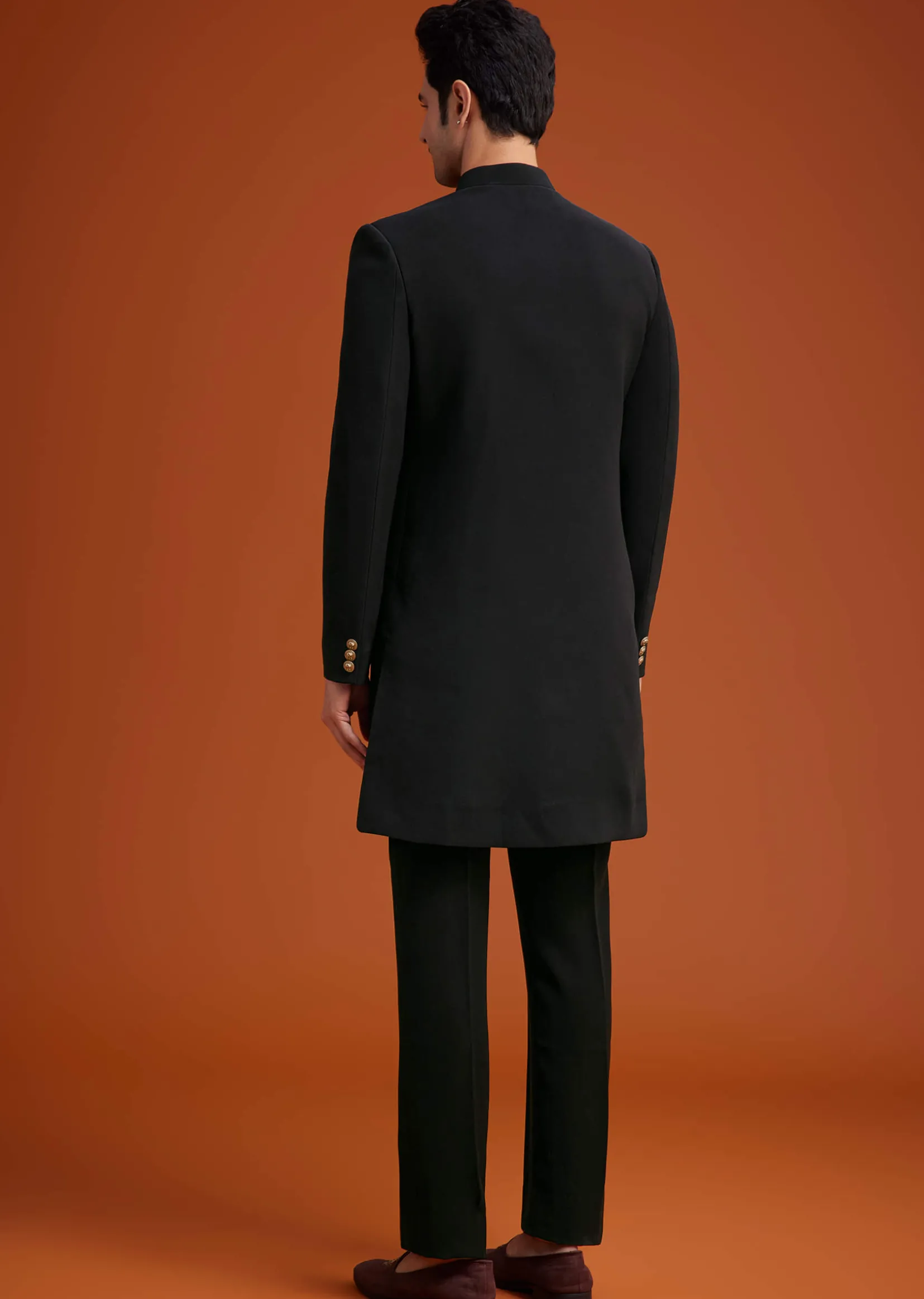 Black Indo Western With Brass Brooch Detailing