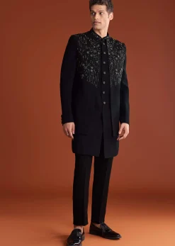 Black Indowestern Jacket Set With Zari And Pearl Work