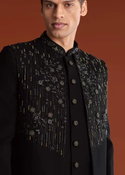 Black Indowestern Jacket Set With Zari And Pearl Work