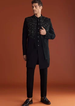 Black Indowestern Jacket Set With Zari And Pearl Work