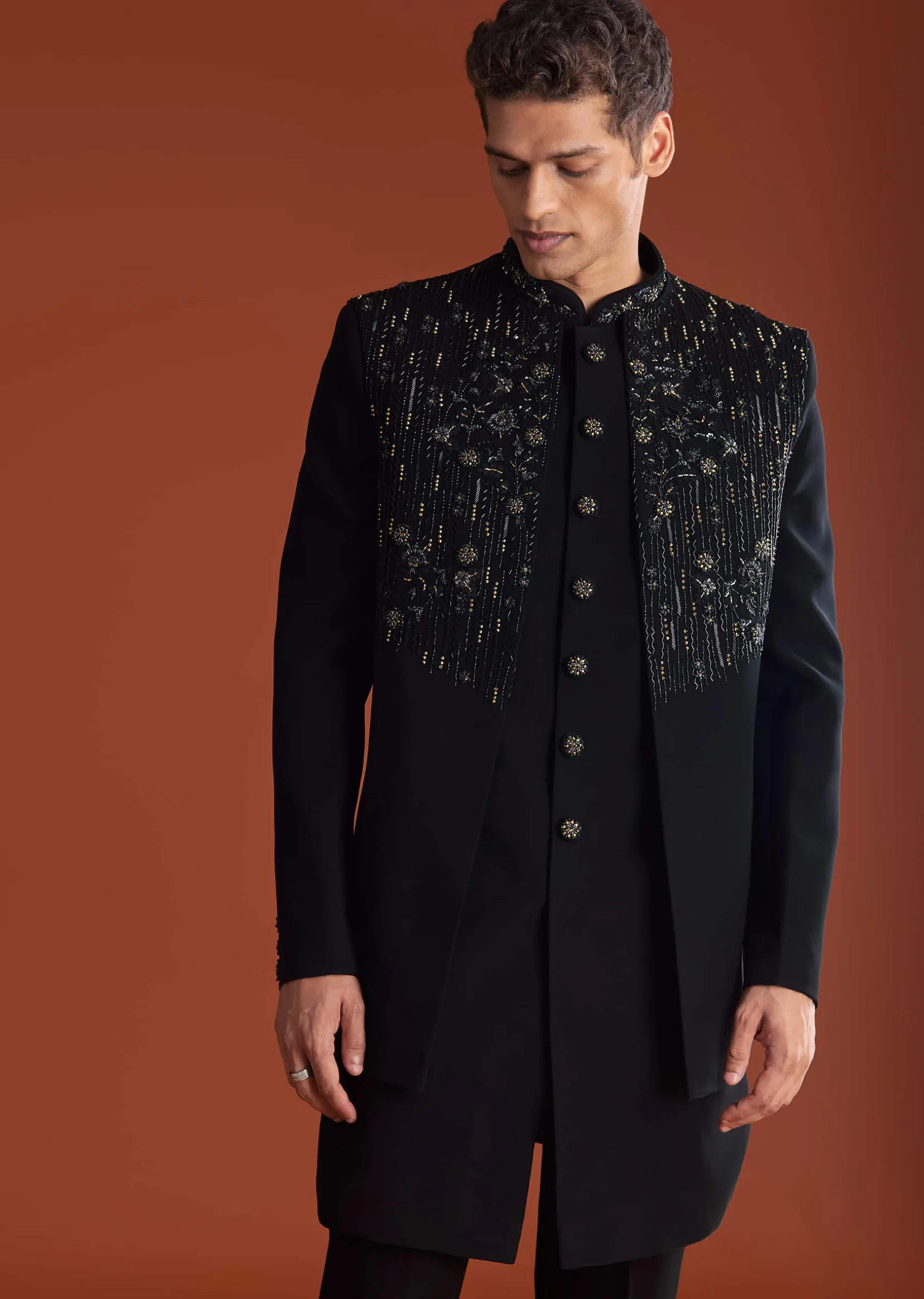 Black Indowestern Jacket Set With Zari And Pearl Work