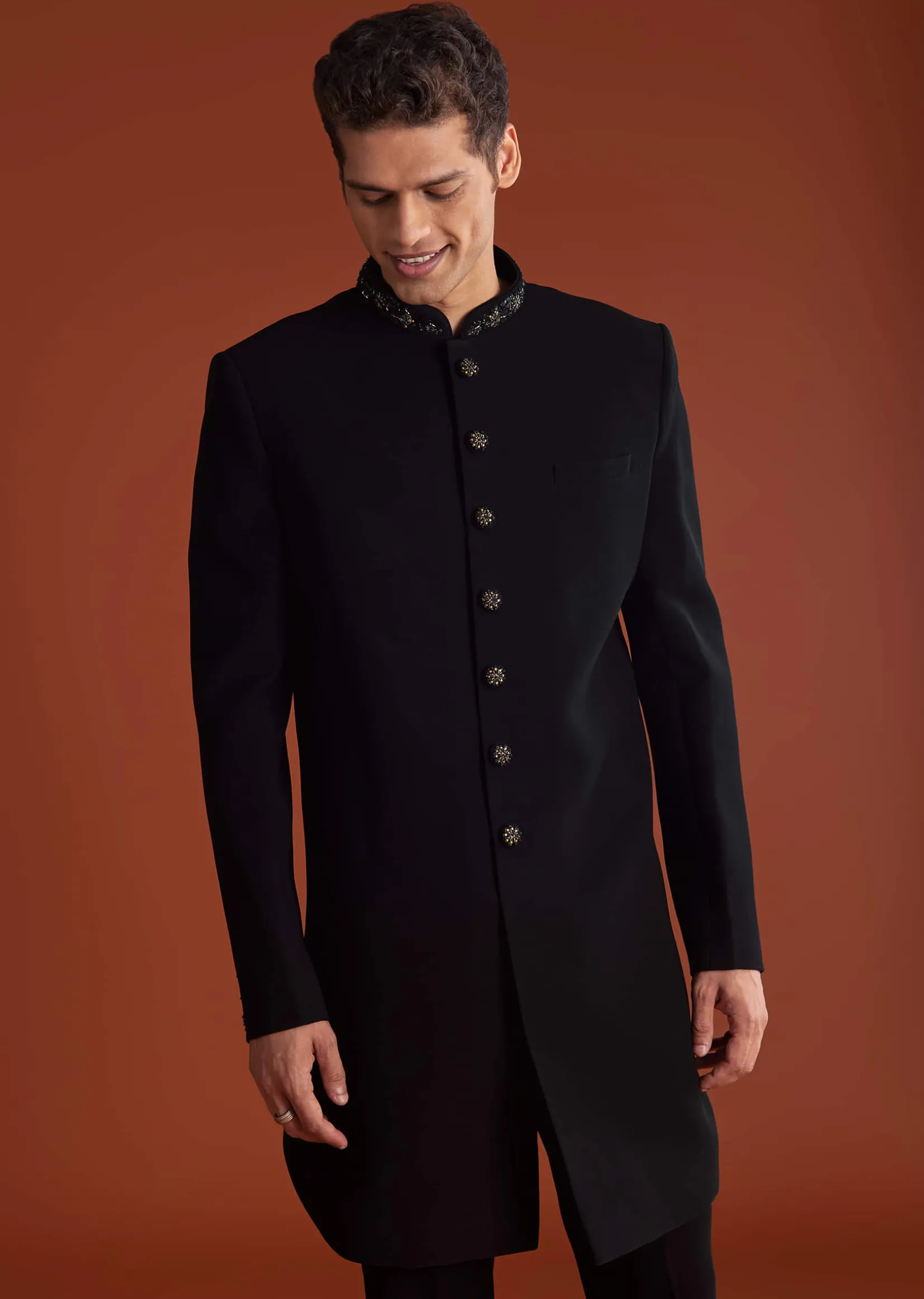 Black Indowestern Jacket Set With Zari And Pearl Work