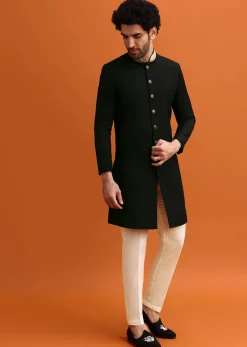 Black Indowestern Set With Zari Work For Men