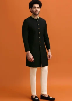 Black Indowestern Set With Zari Work For Men