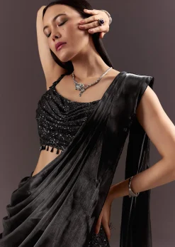 Black Indowestern Sharara Suit With Cowl Blouse With Attached Pallu Attached